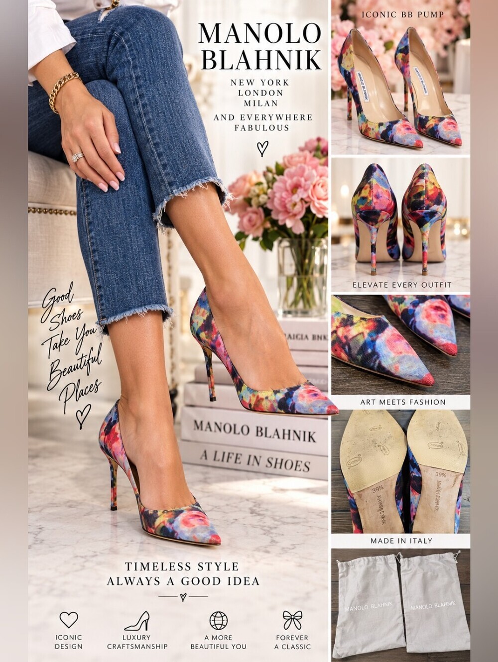 Manolo Blahnik BB 105 Floral Print Pointed Toe Pumps 39.5